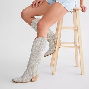 Buckle Silver Glitter Heeled Boots Size 6